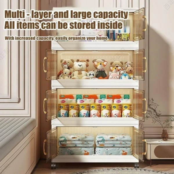 80cm High Capacity Transparent Storage Box Foldable Stackable Storage Cabinet Box Multi Functional with Roller